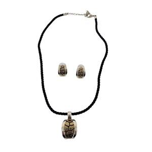 Vintage Two Tone Gold Silver Pendant Necklace and Earrings Set Black Cord
